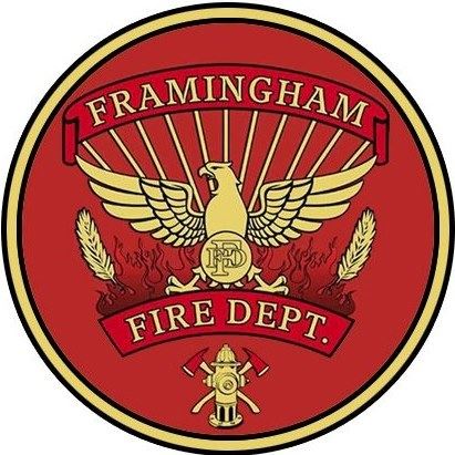 Gold eagle on red background with words Framingham Fire Department