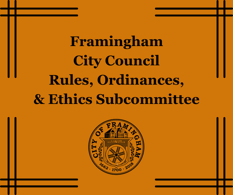 orange background with words Rules, Ordinances, & Ethics subcommittee