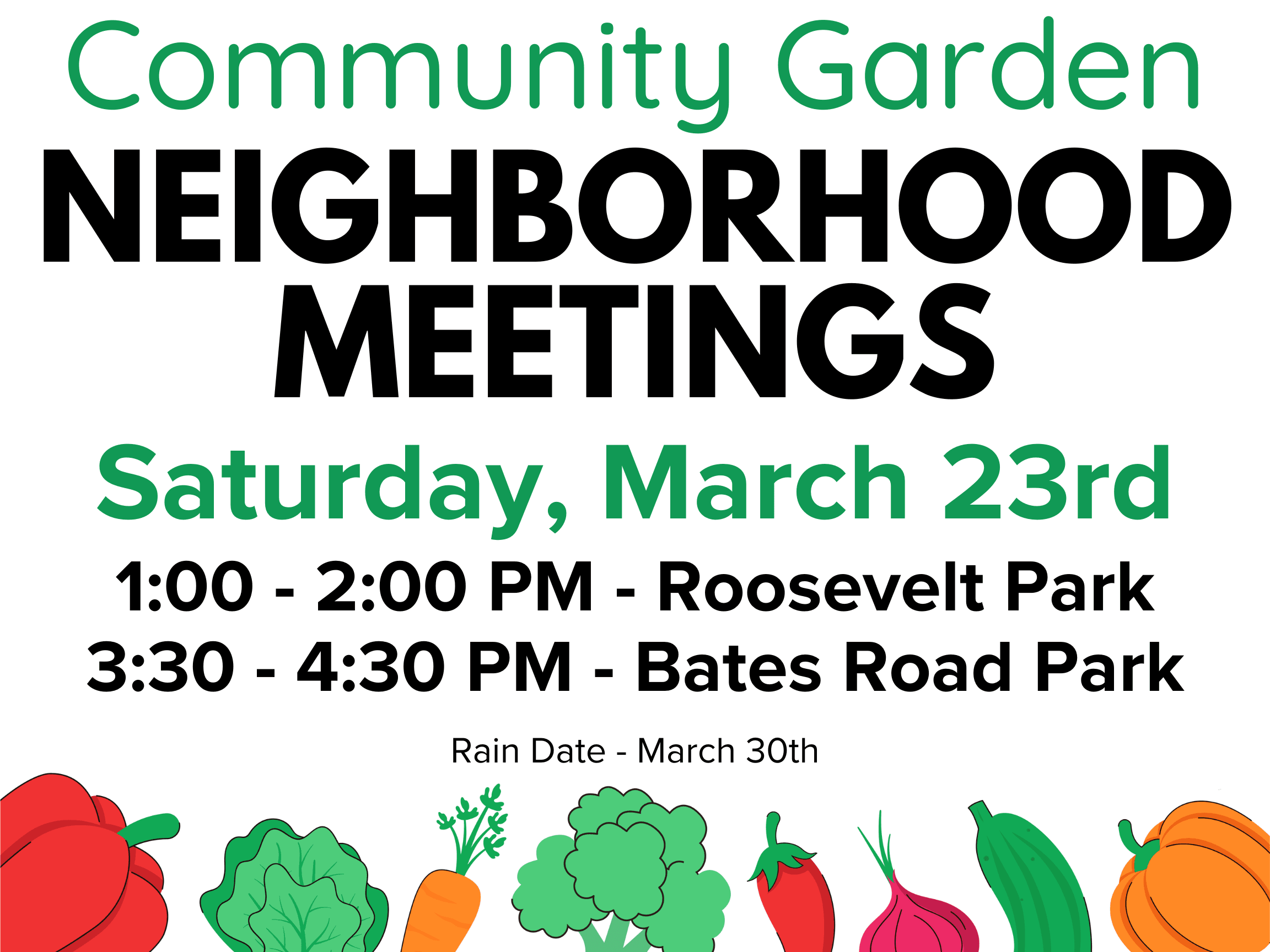 fruits & vegetables with words Community Garden meetings March 23, 2024