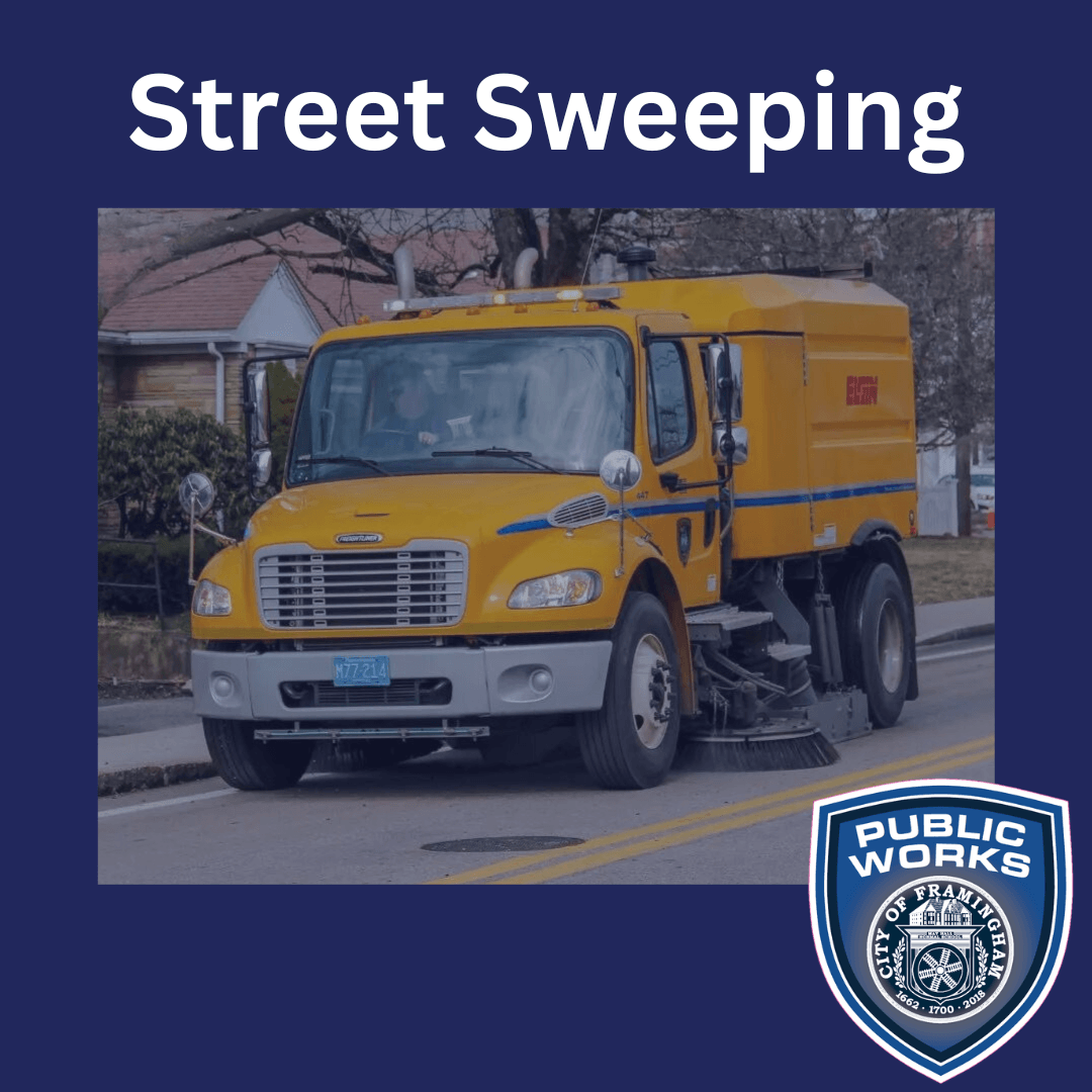 photo of street sweeping truck with DPW seal on navy background