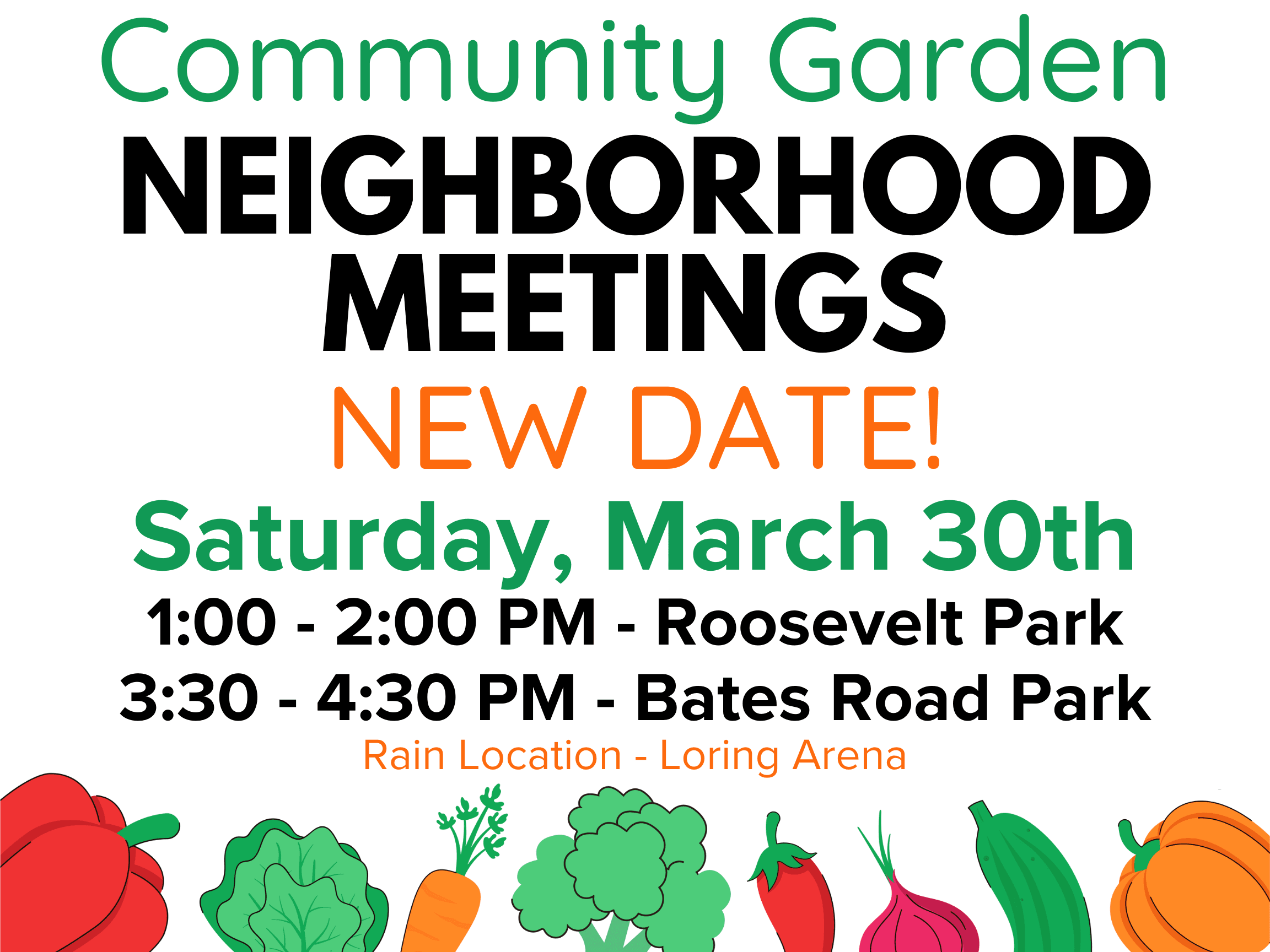 Framingham Community Gardens meetings on March 30 with pictures of vegetables
