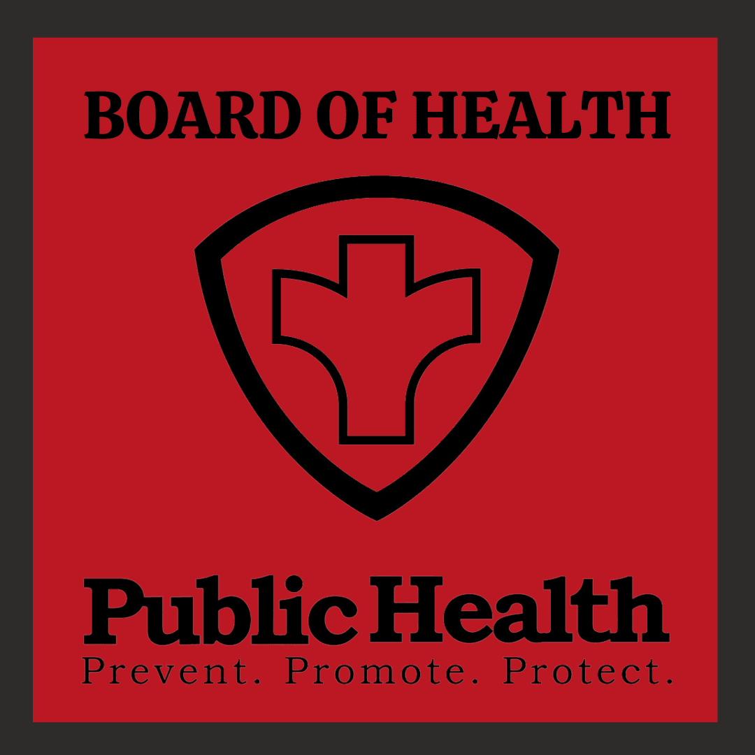Words Board of Health in black on a red background