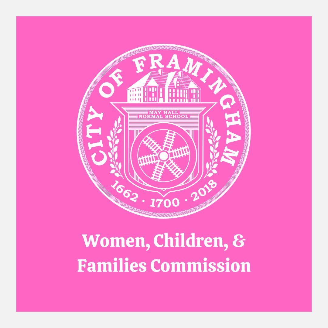 Framingham Women Children & Families Commission words on pink backgroudn with white city seal