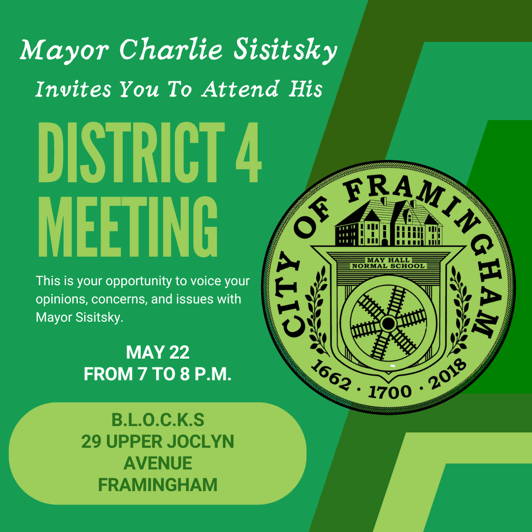 Mayor's District 4 meeting on May 22, 2024 at BLOCKS on green background with city seal