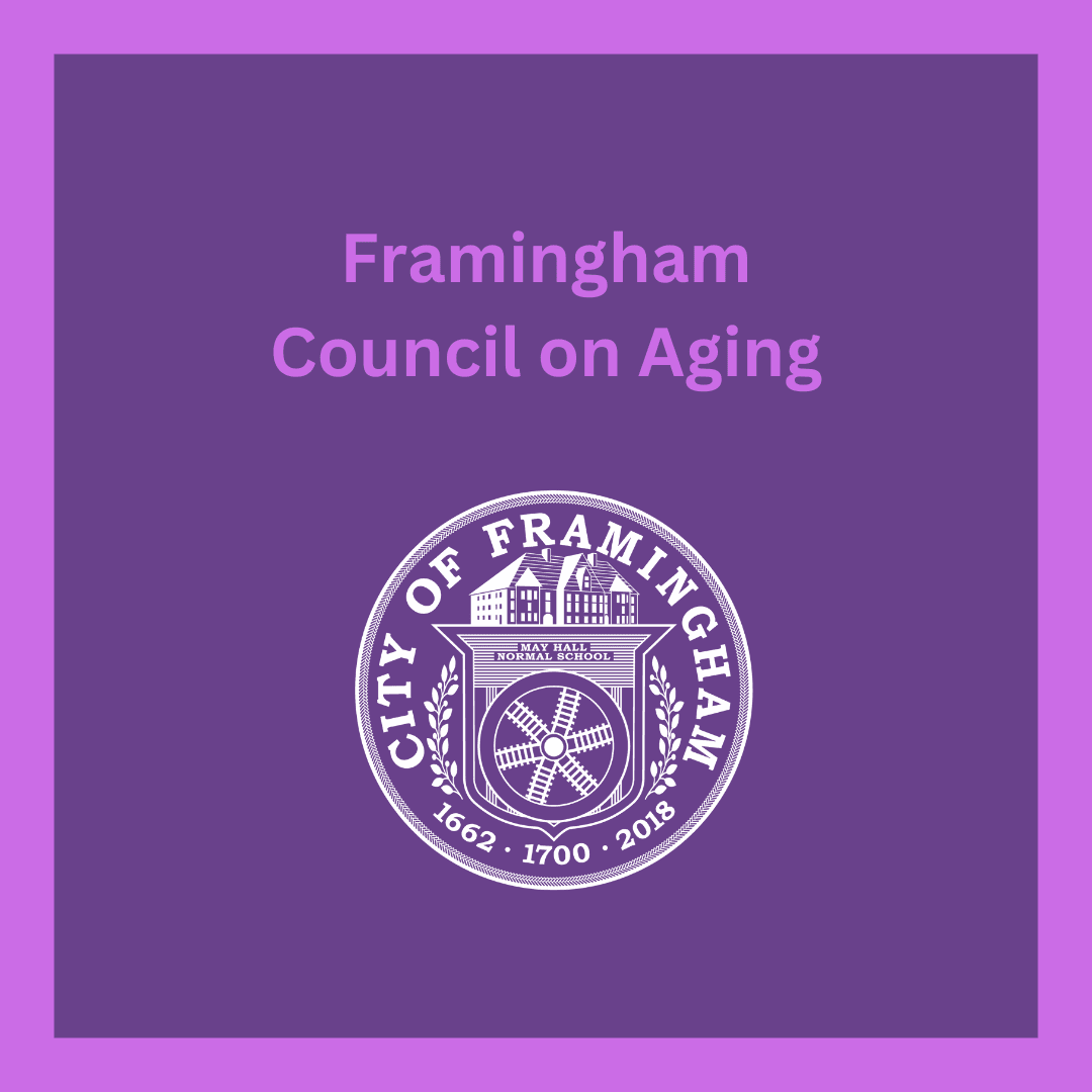 Framingham Council on Aging words on purple background with city seal