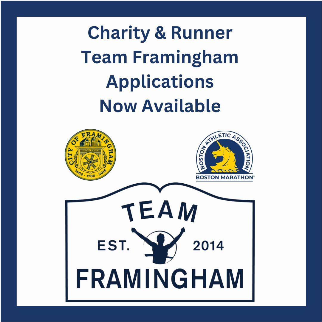 Team Framingham applications For Charities & Runners Now Available 2025 with city seal, BAA logo