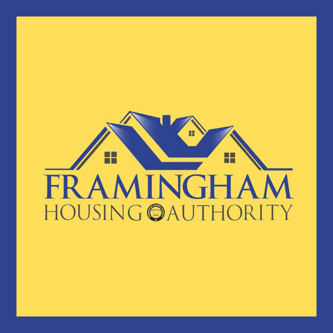 Framingham Housing Authority  logo on a yellow background with a blue frame