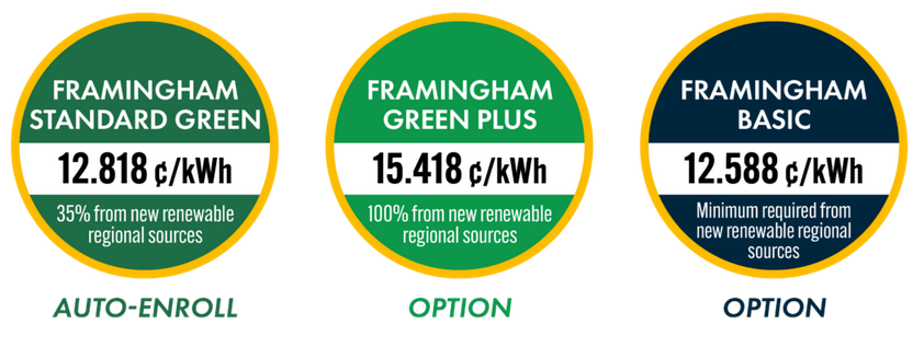 Framingham Community Electricity program options containing pricing and renewable energy content