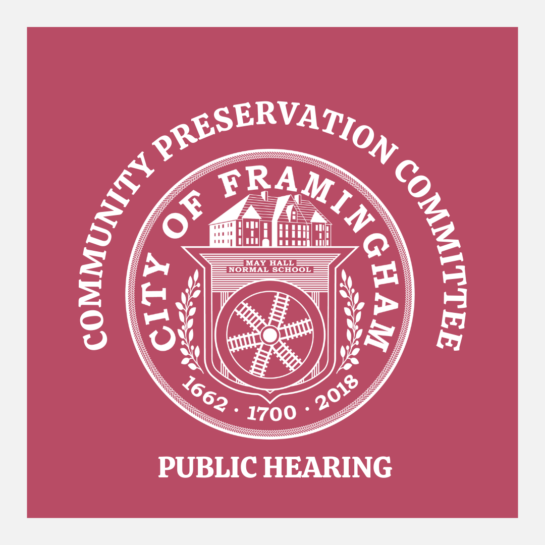 Community Preservation Committee 2025 public hearing - rose background with white seal and white wor