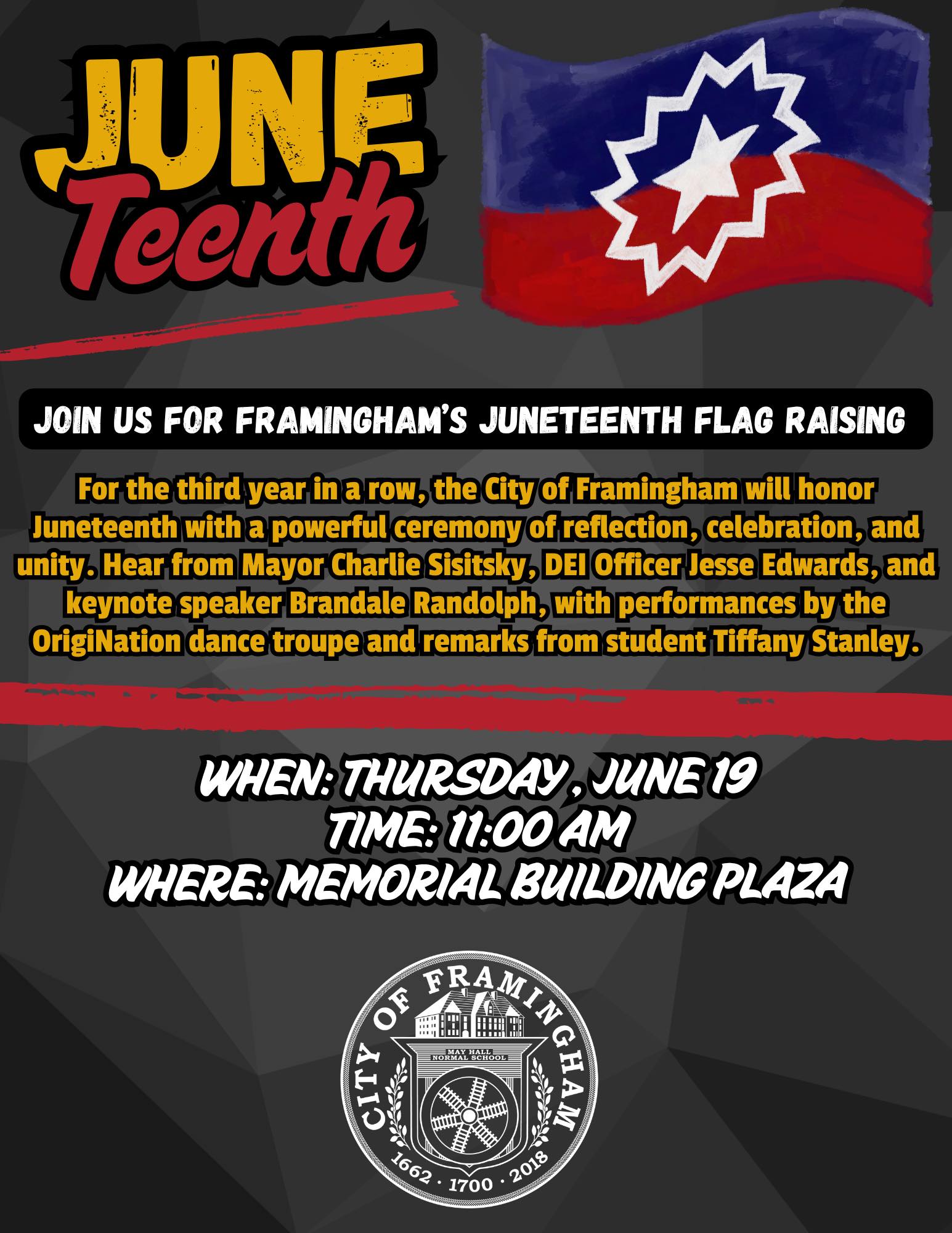City of Framinghm Juneteenth flag raising & ceremony 2025 at Memorial Building June 19 at 11 a.m.