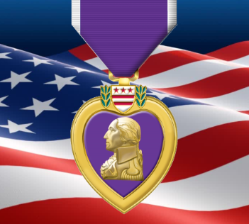 Purple Heart graphic on an American Flag graphic (decorative)