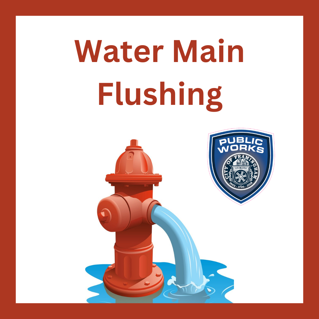 water main flushing with red hydrant and blue border with DPW logo