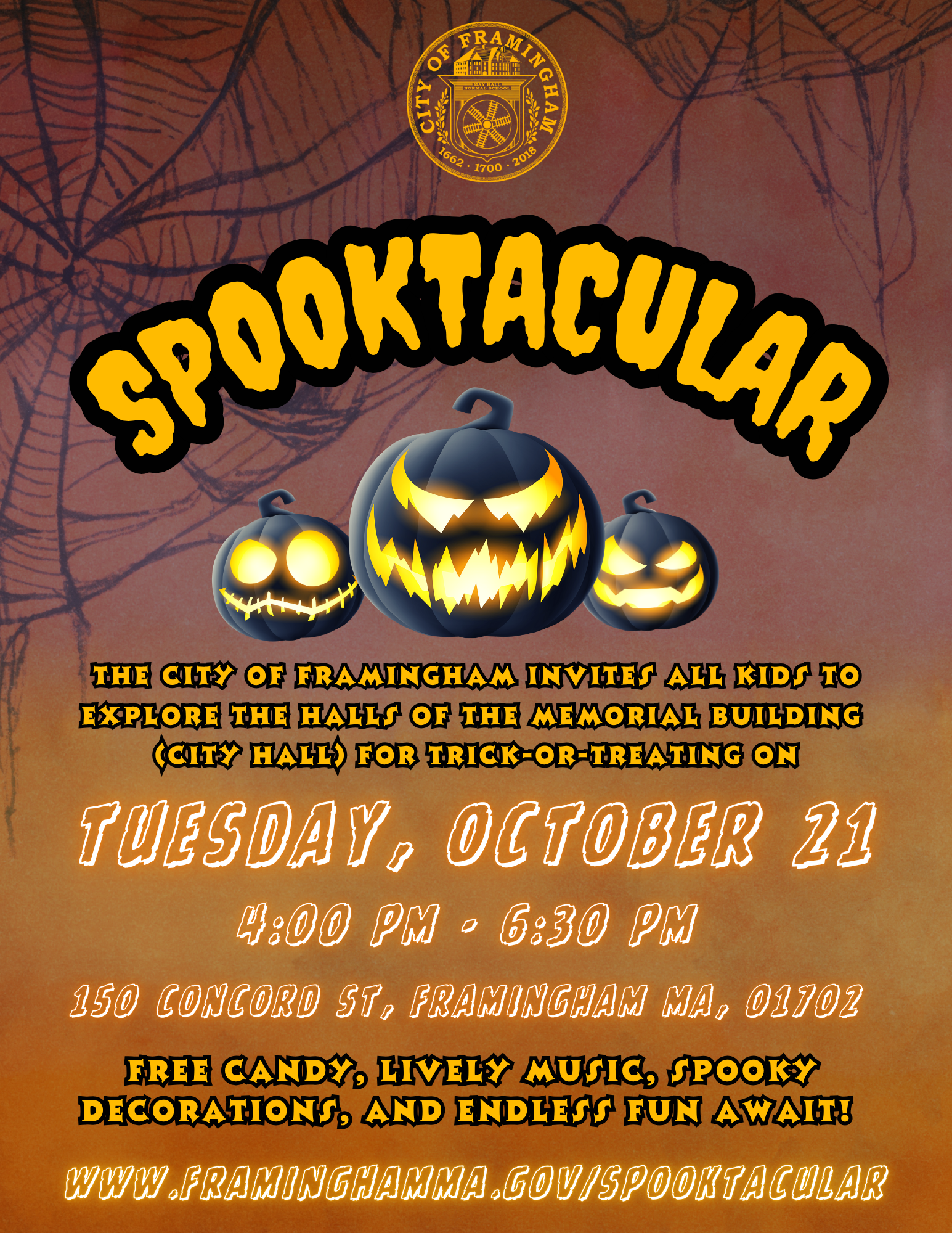 6th annual Spooktacular Tuesday, October 21 2025 4 to 6:30 p.m. with graphics of pumpkins