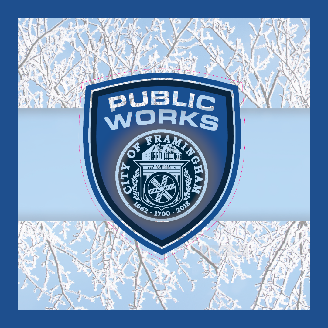decorative graphic with snow on tree and DPW logo with blue border