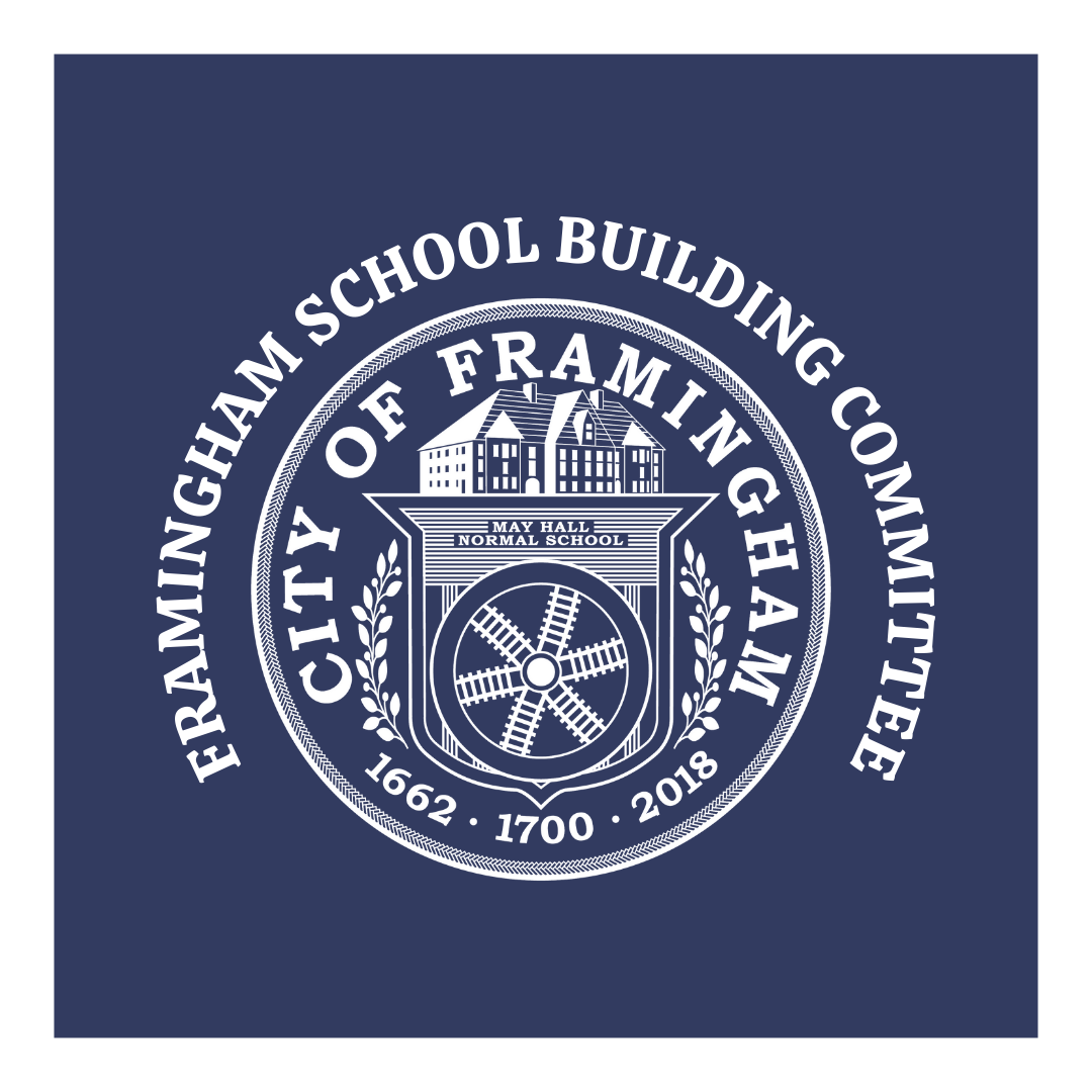School Building Committee logo 2024 with white city seal on dark blue background with white border