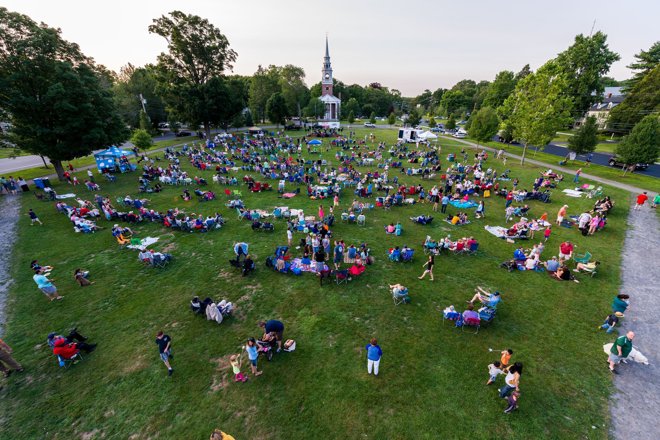 Drone Image displaying a Friday night Summer Concert on the Framingham Centre Common